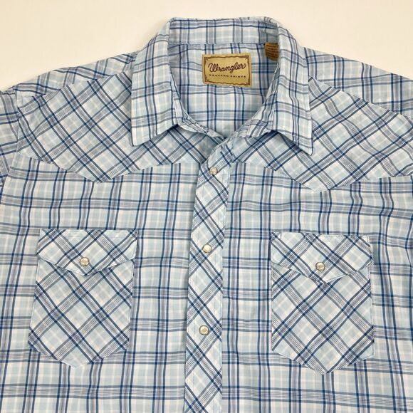 Wrangler Western Blue Plaid Pearl Snap Short Sleeve Shirt Men’s 2XL Cowboy Rodeo - Picture 3 of 9